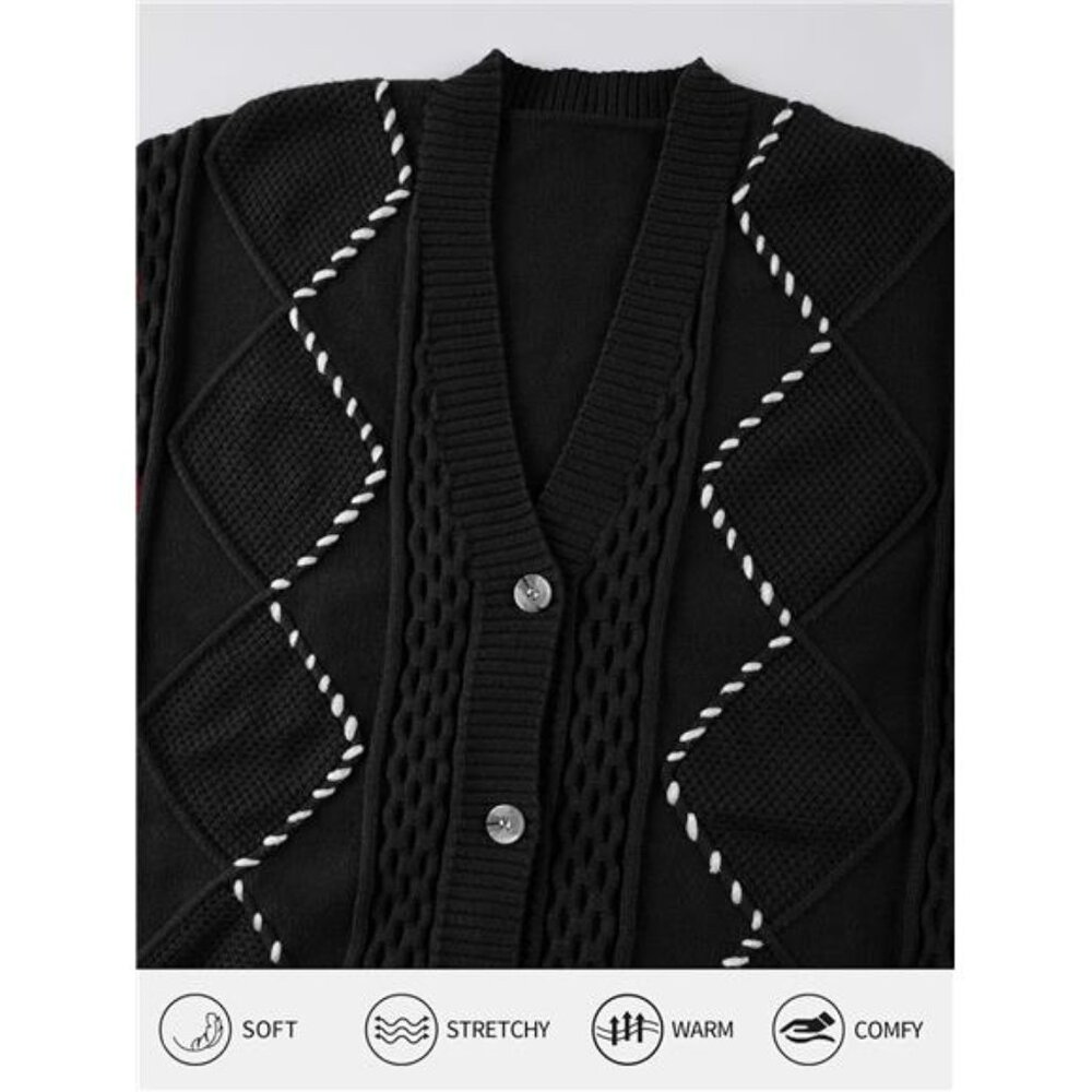 NEW Cable Knit Cardigan Women Chunky Sweater Cardigans Contrast Color - Picture 5 of 6